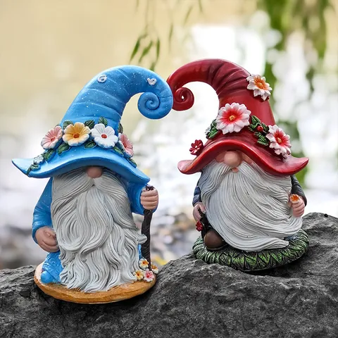 Hand Painted Resin Garden Gnome Statue Faceless Christmas Dwarf Gnome With Flower Hat For Outdoor Yard Courtyard Home Decor Set