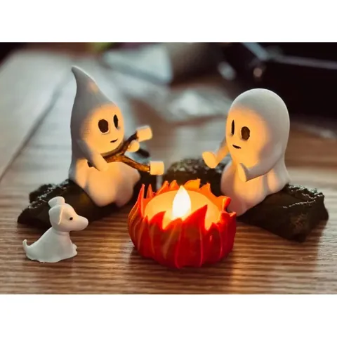 3D Printed Ghost Bonfire Party Ornament Halloween Desktop Decoration Miniature Ghost Dog Cat Figurines Festive PLA Home Decor Gift