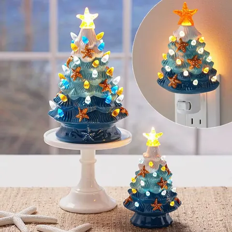 Nautical Ceramic Christmas Tree Tabletop Decor Coastal Starfish LED Gradient Blue Holiday Ornament For Home Desktop Bedroom