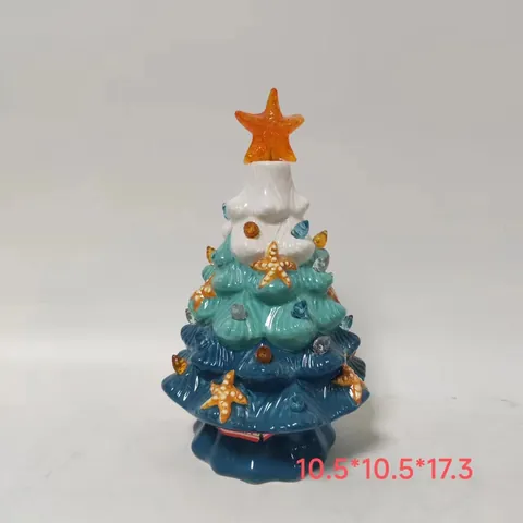 Nautical Ceramic Christmas Tree Tabletop Decor Coastal Starfish LED Gradient Blue Holiday Ornament For Home Desktop Bedroom