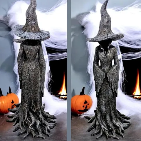 Enchanting Witch Statue Resin Halloween Decoration Mysterious Fantasy Gothic Wizard Sculpture Hand Painted Bark Texture