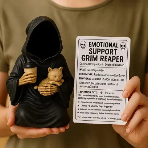 Emotional Support Grim Reaper Figurine Resin Desktop Statue Funny Gothic Death Decor With Cat Scythe Coffee For Halloween Office Home Gift