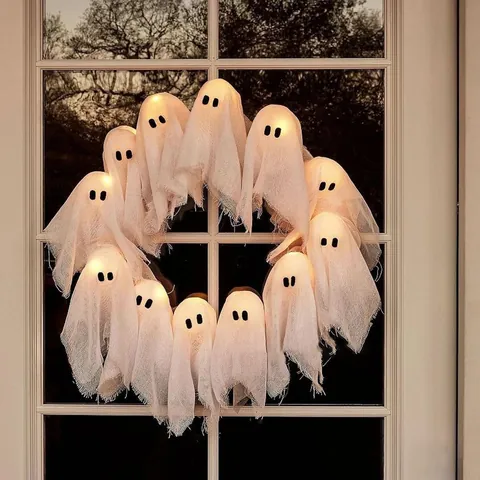 Halloween Ghost Wreath LED Lit Glowing Ghost Mesh Gauze Wreath Round Hanging Ornament For Halloween Party Home Door Decor