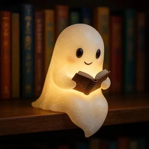 Lindo Fantasma Leyendo Libro Lámpara Resina Halloween Luz de Noche Con Purpurina Cálido LED Adorno Decorativo Regalo Hogar