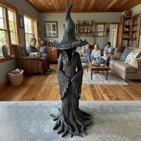 Enchanting Witch Statue Resin Halloween Decoration Mysterious Fantasy Gothic Wizard Sculpture Hand Painted Bark Texture