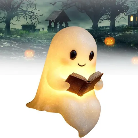 Lindo Fantasma Leyendo Libro Lámpara Resina Halloween Luz de Noche Con Purpurina Cálido LED Adorno Decorativo Regalo Hogar