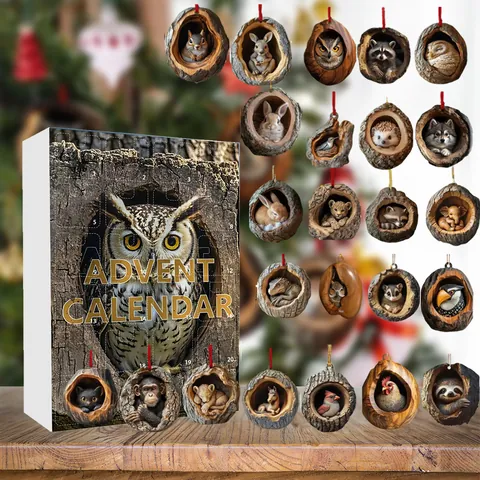 Weihnachten 24 Tage Adventskalender Acryl Cartoon Waldtiere Baumloch Hängende Ornamente Für Feiertag Haus Deko Geschenk