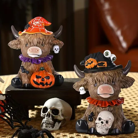 Άγαλμα Αγελάδα Highland Halloween Με Καπέλο Μάγισσας Κολοκύθα Κρανίο Διακοσμητικό Ρητίνης Γραφείου Δώρο