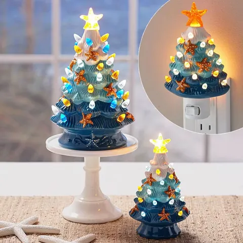 Árbol de Navidad de Cerámica Náutica Decoración de Mesa Estrella de Mar LED Azul Degradado Adorno Festivo Hogar Escritorio