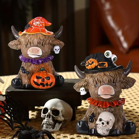 Halloween Hochlandrind Statue Mit Hexenhut Kürbis Schädel Kunstharz Handwerk Schreibtisch Ornament Dekoration Geschenk