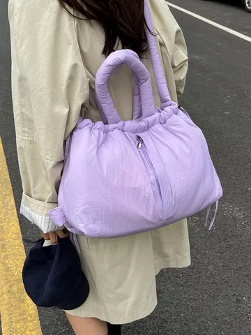Padded Quilted Puffy Tote Bag For Women Nylon Large Capacity Cloud Bag With Drawstring Casual Fashion Shoulder Handbag