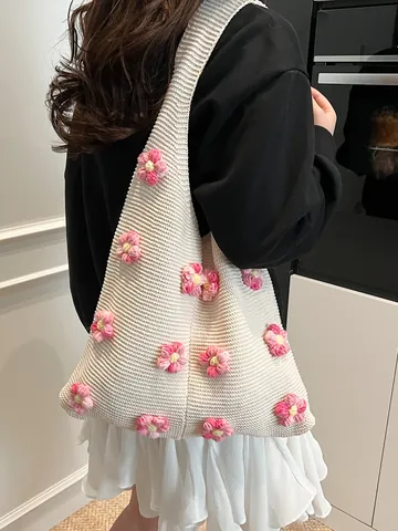Koreanischer Stil Strickblumen Tote Bag Für Damen Handgehäkelte 3D Florale Schultertasche Mit Großer Kapazität Lässige Süße Handtasche