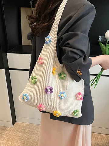 Koreanischer Stil Strickblumen Tote Bag Für Damen Handgehäkelte 3D Florale Schultertasche Mit Großer Kapazität Lässige Süße Handtasche