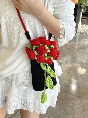 Handgehäkelte Rosen-Handytasche Für Damen Gestrickte Florale Umhängetasche Kleine Pastorale Handytasche Aus Strick