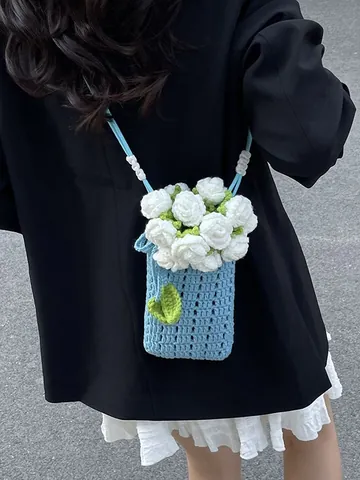 Handgehäkelte Rosen-Handytasche Für Damen Gestrickte Florale Umhängetasche Kleine Pastorale Handytasche Aus Strick