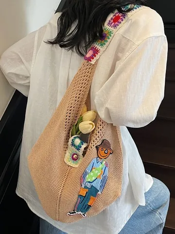 Borsa a Spalla in Maglia da Donna Fatta a Mano Grande Capacità Tracolla con Fiori all'Uncinetto Patch Cartoon Bohémien Borsa da Spiaggia
