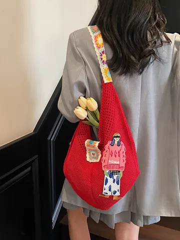 Borsa a Spalla in Maglia da Donna Fatta a Mano Grande Capacità Tracolla con Fiori all'Uncinetto Patch Cartoon Bohémien Borsa da Spiaggia