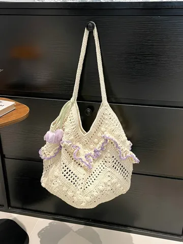 Korean Style Knit Hollow Out Crochet Tote Bag Large Capacity Women Woven Handbag Beach Vacation Shoulder Bag Tulip Pendant