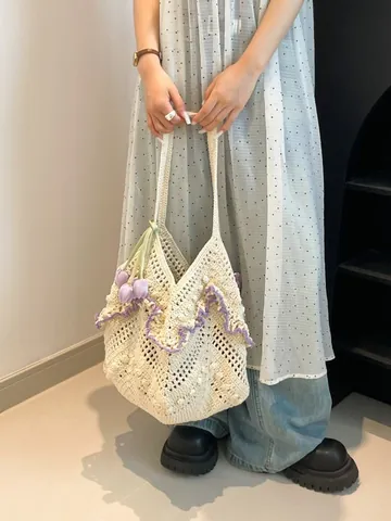 Korean Style Knit Hollow Out Crochet Tote Bag Large Capacity Women Woven Handbag Beach Vacation Shoulder Bag Tulip Pendant