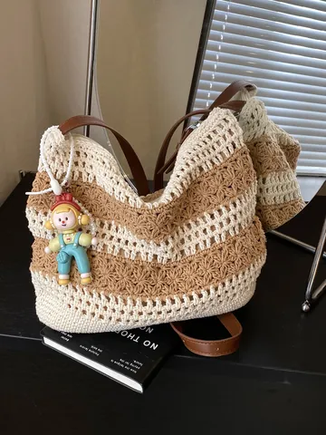 Dames Casual Grote Capaciteit Katoen Geweven Strozak Ajour Haken Schouder Handtas Zee Vakantie Strand Messenger Bag Met Pop
