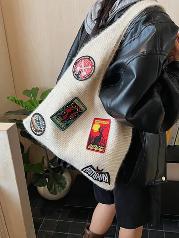 Women Knitted Shoulder Bag Large Capacity Cryptid Embroidery Patches Sasquatch Mothman Jackalope Knit Tote Bag Casual Fashion Handbag