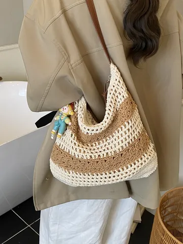 Dames Casual Grote Capaciteit Katoen Geweven Strozak Ajour Haken Schouder Handtas Zee Vakantie Strand Messenger Bag Met Pop
