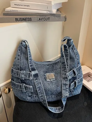 Borsa a Spalla Hobo in Denim Vintage per Donna Grande Capacità Retro Denim Lavato Borsa da Scuola per Studenti Casual Crossbody Tote Bag Con Fibbia in Metallo