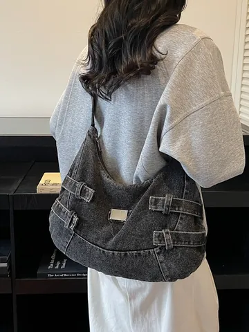 Borsa a Spalla Hobo in Denim Vintage per Donna Grande Capacità Retro Denim Lavato Borsa da Scuola per Studenti Casual Crossbody Tote Bag Con Fibbia in Metallo