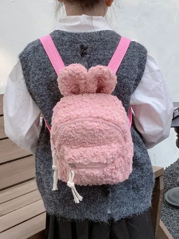 Kids Cute Plush Rabbit Ear Backpack Soft Lamb Wool Mini Daypack For Girls Kindergarten Children School Bag