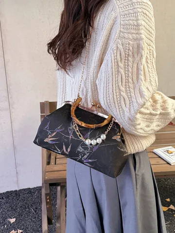 Chinese Style Embroidered Handbag Bamboo Handle Vintage Satin Pearl Chain Shoulder Crossbody Bag