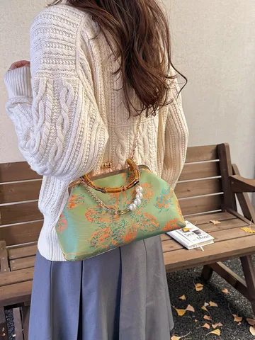 Chinese Style Embroidered Handbag Bamboo Handle Vintage Satin Pearl Chain Shoulder Crossbody Bag