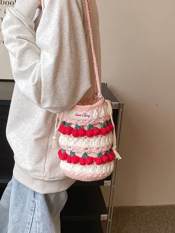 Handgehaakte Kers Emmer Tas Zoete Gebreide Trekkoord Schoudertas Kersendecor Contrastkleur Casual Handtas