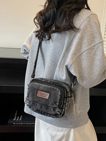 Borsa a Tracolla in Denim Lavato Vintage per Donna Moda Retro Piccola Borsa Quadrata Casual Tasche Multiple Zip Borsa per Cellulare con Etichetta in Pelle