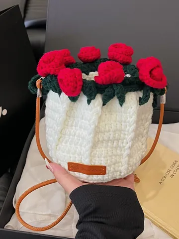 Handmade Crochet Rose Flower Bucket Bag Women Woven Yarn Crossbody Bag PU Leather Strap Floral 3D Decoration Sweet Daily Shoulder Bag