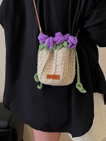 Handmade Crochet Rose Flower Bucket Bag Women Woven Yarn Crossbody Bag PU Leather Strap Floral 3D Decoration Sweet Daily Shoulder Bag