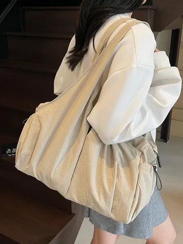 Korean Minimalist Pleated Large Capacity Shoulder Bag Washed Fabric Slouchy Tote Bag For Women Daily Travel Underarm Bag