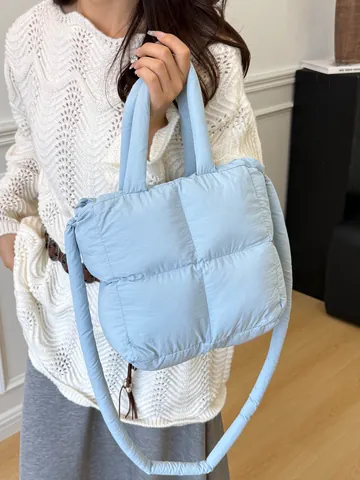 Women Quilted Puffer Tote Bag Square Padded Fabric Handbag Shoulder Crossbody Bag Soft Lightweight Solid Color Korean Style Bag