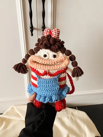 Handmade Crochet Doll Crossbody Bag Knitted Wool Cartoon Character Striped Soft Shoulder Bag For Women Girls Cute Accessory