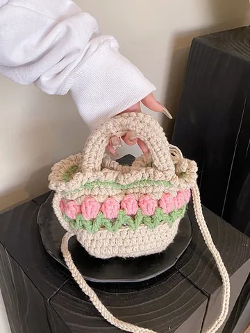 Borsa a Mano in Uncinetto con Tulipani Fatti a Mano per Donna Bambini Mini Borsa a Tracolla Vacanza al Mare in Lana