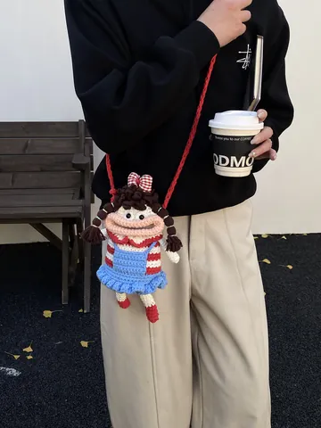 Handmade Crochet Doll Crossbody Bag Knitted Wool Cartoon Character Striped Soft Shoulder Bag For Women Girls Cute Accessory