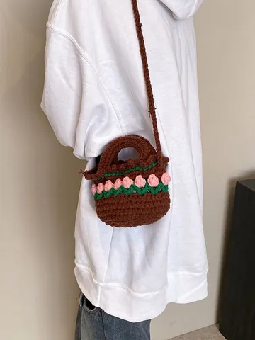 Borsa a Mano in Uncinetto con Tulipani Fatti a Mano per Donna Bambini Mini Borsa a Tracolla Vacanza al Mare in Lana