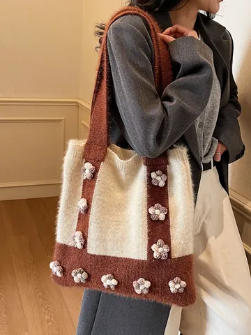 Korean Style Knit Flower Tote Bag Women Hand-Woven Contrast Color 3D Floral Shoulder Bag Large Capacity Commuter Shopper Bag
