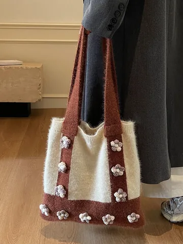 Korean Style Knit Flower Tote Bag Women Hand-Woven Contrast Color 3D Floral Shoulder Bag Large Capacity Commuter Shopper Bag