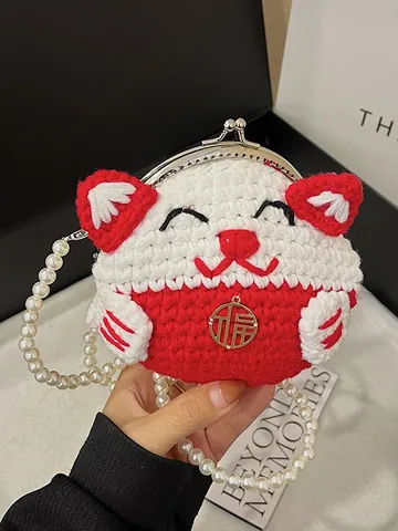 Mini Borsa a Tracolla in Maglia Fatta a Mano Gatto della Fortuna Danza del Leone Filato Borsellino per Donna Bambini Carina Borsa all'Uncinetto Con Catena di Perle