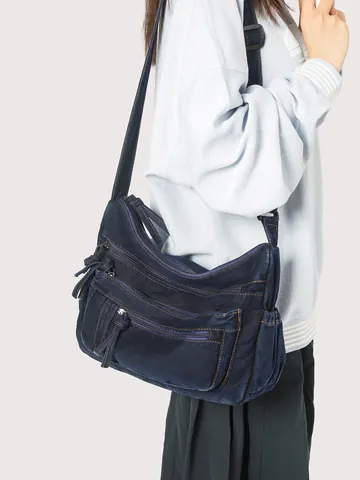 Borsa a Tracolla in Denim Retrò da Donna Multitasche Grande Capacità Borsa a Tracolla in Denim Lavato Casual per Scuola Pendolarismo
