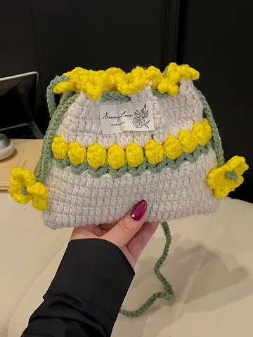 Bolso de Hombro con Cordón de Ganchillo Hecho a Mano Tulipán Pastoral Floral de Punto Bombonera Mujer Ligero Bandolera Playa