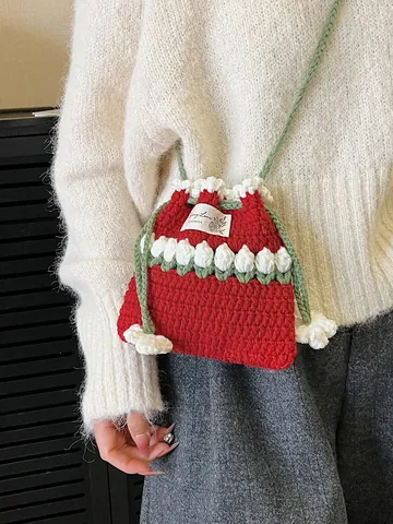 Bolso de Hombro con Cordón de Ganchillo Hecho a Mano Tulipán Pastoral Floral de Punto Bombonera Mujer Ligero Bandolera Playa