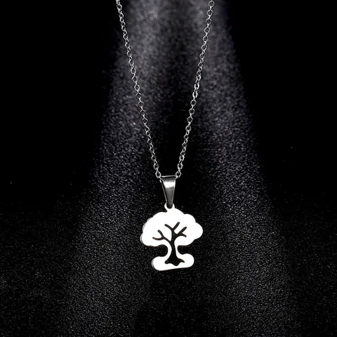 Minimalist Stainless Steel Tree Of Life Pendant Necklace For Women Simple Geometric Hollow Design Clavicle Link Chain Jewelry Silver Tone