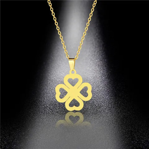 Collana con Ciondolo a Quadrifoglio in Acciaio Inossidabile per Donna Placcato Oro Foglie a Cuore Traforate Gioielli Portafortuna Regalo