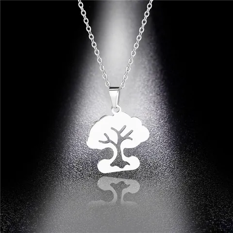 Minimalist Stainless Steel Tree Of Life Pendant Necklace For Women Simple Geometric Hollow Design Clavicle Link Chain Jewelry Silver Tone
